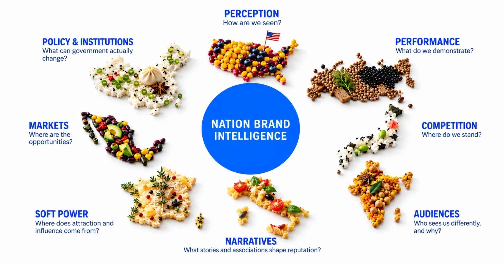 Nation Brand Intelligence diagram showing eight lenses arranged around a country-shaped centre: Perception, Performance, Competition, Audiences, Narratives, Soft Power, Markets, and Policy & Institutions